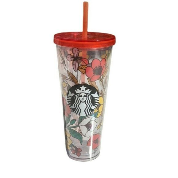 STARBUCKS Acrylic VENTI Cold Cup Tumbler‎ POPPY FLOWERS Red Yellow Orange 24 Oz. - Picture 1 of 5